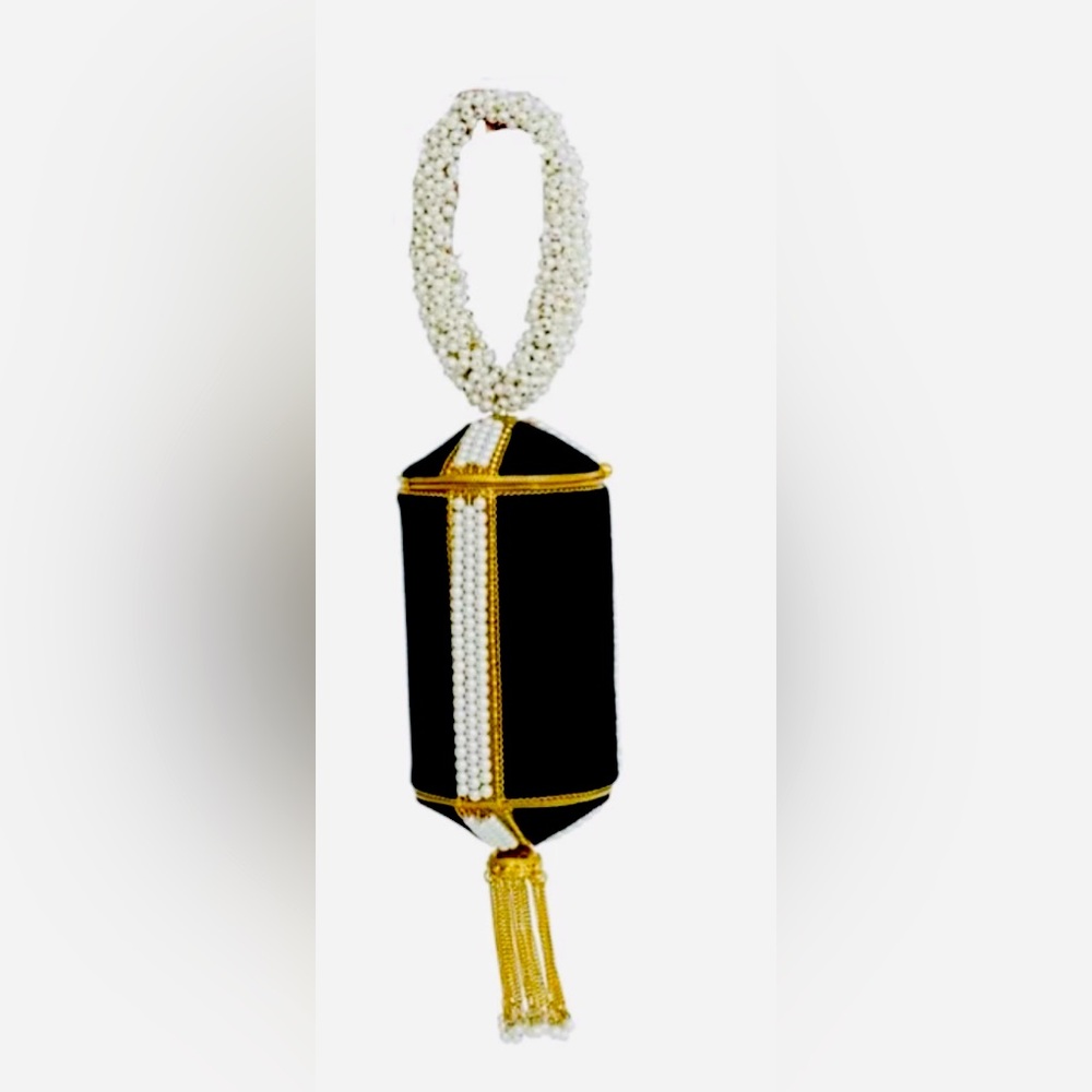 RAMLA Handmade India  Black Velvet Gold Imitation Pearls Cocktail Beaded Handbag